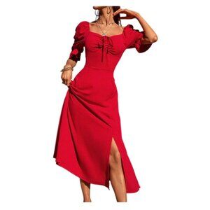 Red Midi Balloon Sleeve Dress